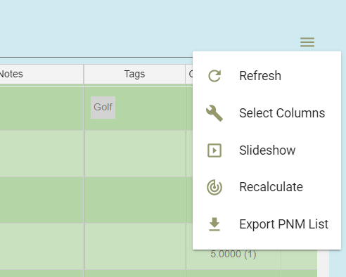 Dropdown menu with options over a table