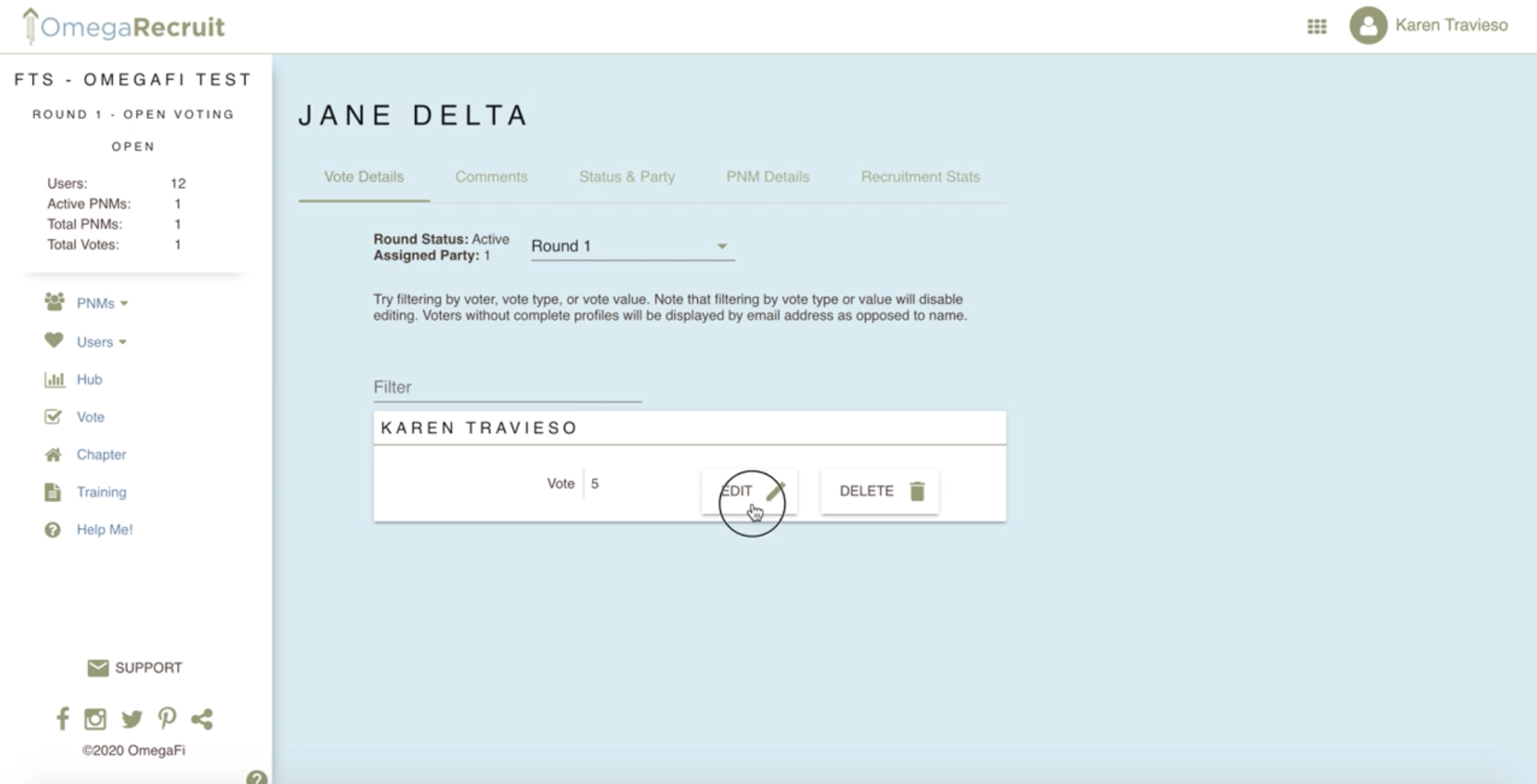 How can I edit delete a PNM vote OmegaRecruit