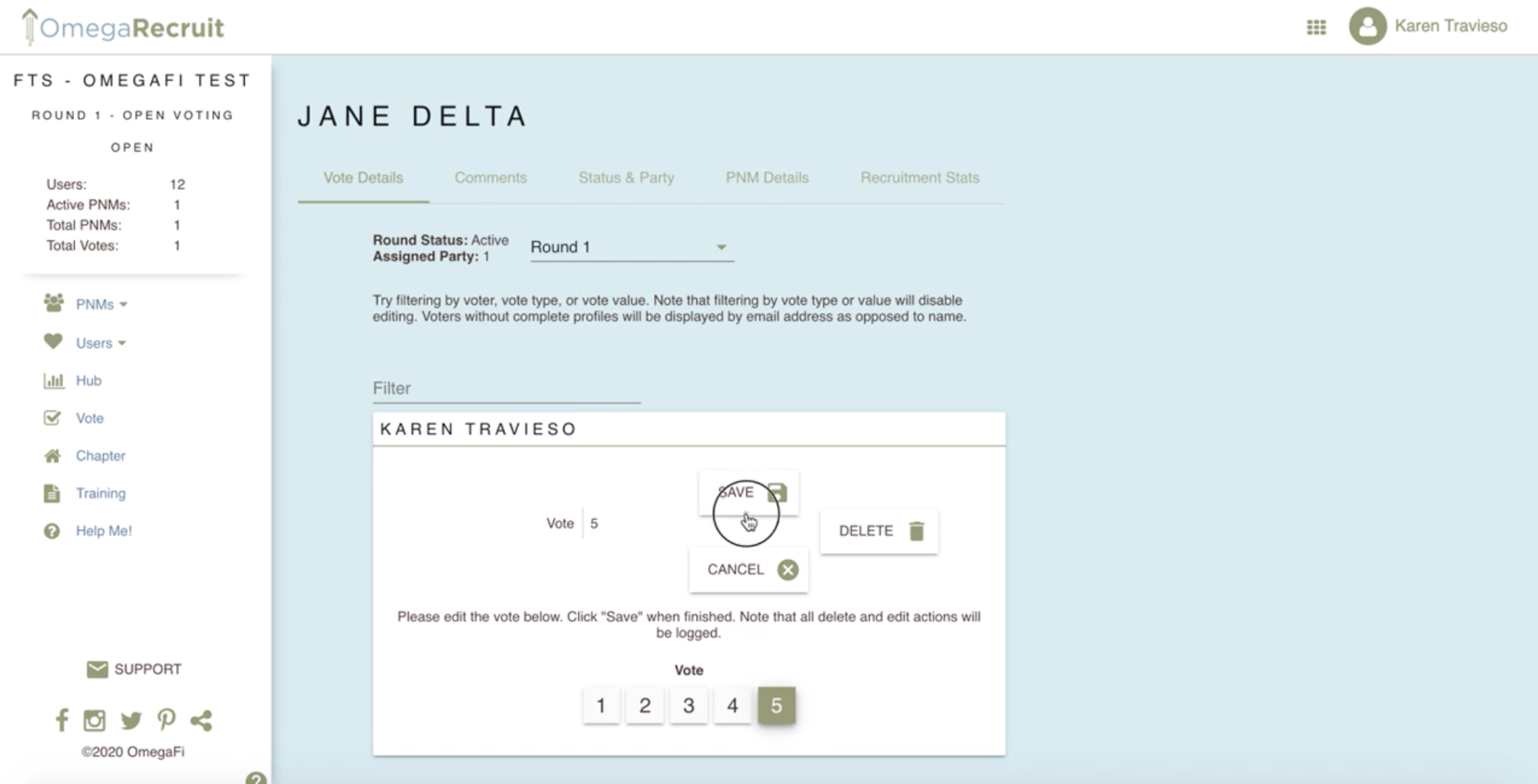 How can I edit delete a PNM vote OmegaRecruit